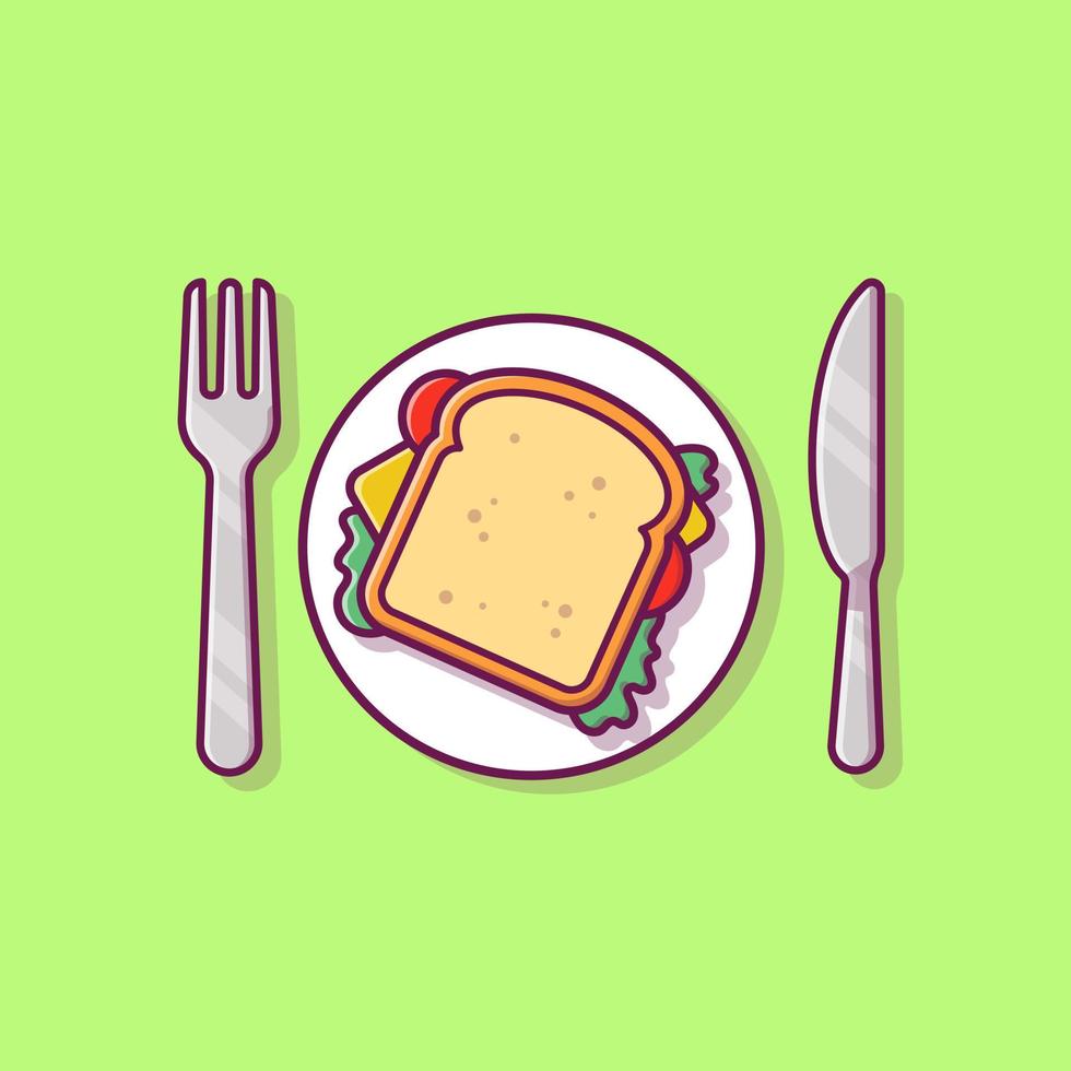 sanduíche de café da manhã no prato com ilustração de ícone de vetor de desenho de faca e garfo. conceito de ícone de comida de café da manhã isolado vetor premium. estilo de desenho animado plano