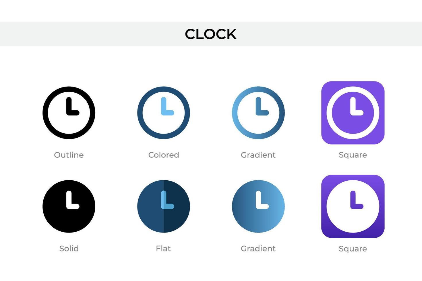 ícone de relógio em estilo diferente. ícones de vetor de relógio projetados em estilo de contorno, sólido, colorido, gradiente e plano. símbolo, ilustração do logotipo. ilustração vetorial