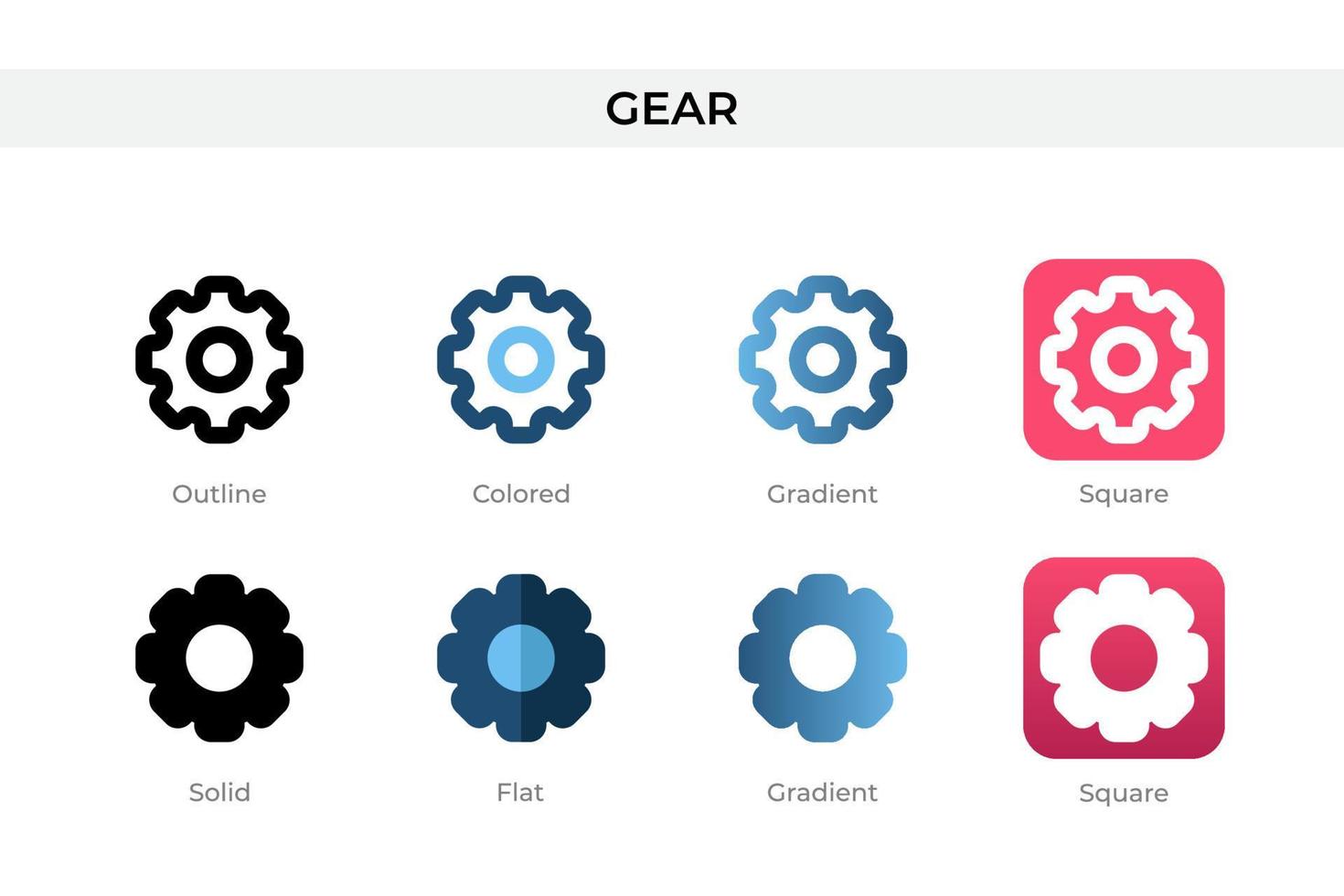 ícone de engrenagem em estilo diferente. ícones de vetor de engrenagem projetados em estilo de contorno, sólido, colorido, gradiente e plano. símbolo, ilustração do logotipo. ilustração vetorial
