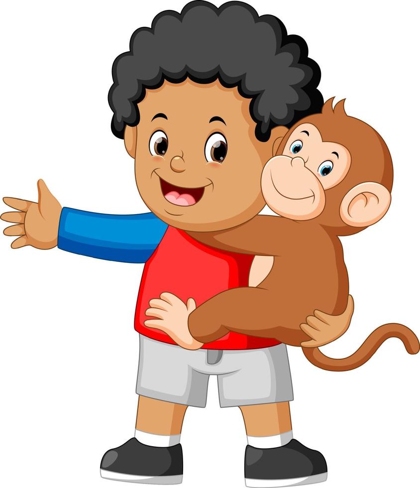 um garotinho segurando um macaco engraçado vetor