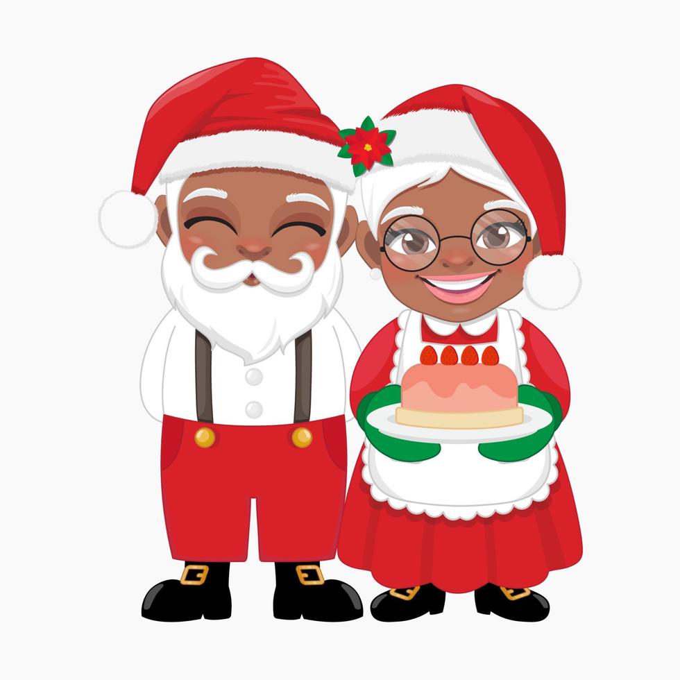 papai noel preto em roupas casuais e mrs.claus segurando o vetor de bolo ou casal afro papai noel e sua esposa isolado no vetor de fundo branco