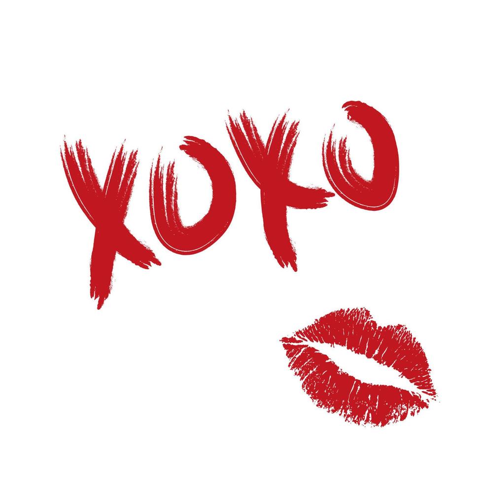 xoxo lettering brush e batom beijo isolado no fundo branco. ilustração vetorial de estoque. vetor