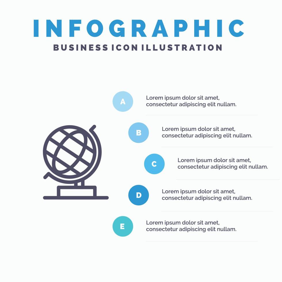 modelo de infográficos azul da web de globo de escritório mundial modelo de ícone de linha de vetor de 5 passos