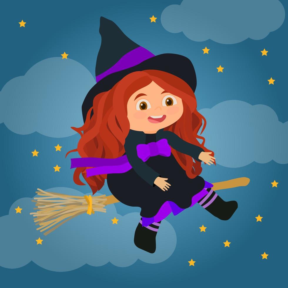 bruxinha de halloween voando em uma vassoura vetor