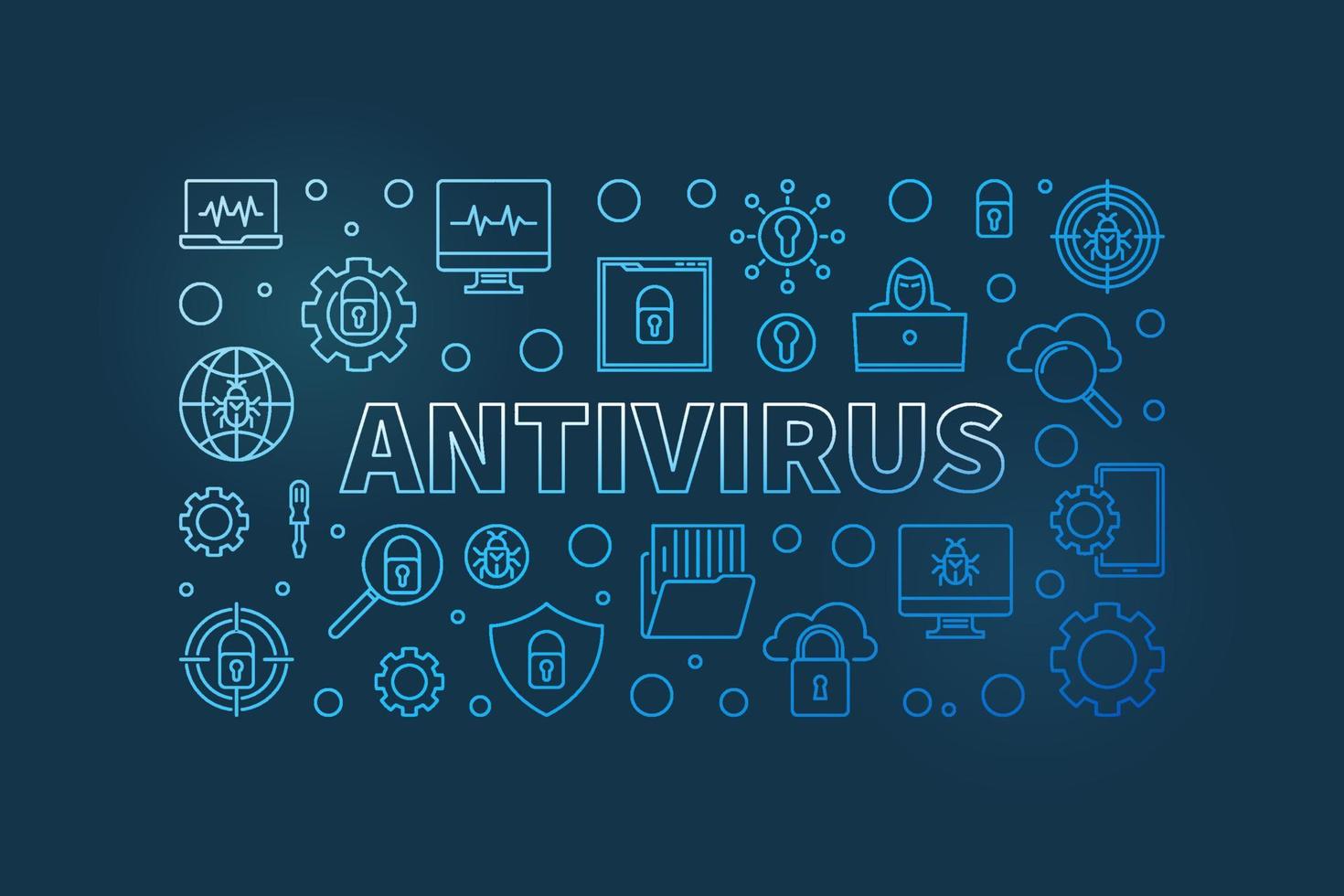 ilustração horizontal azul de contorno de vetor de antivírus de computador