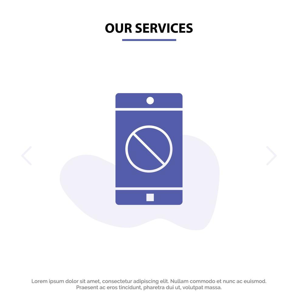 nosso aplicativo desabilitado de serviços modelo de cartão web de ícone de glifo sólido móvel móvel desabilitado vetor