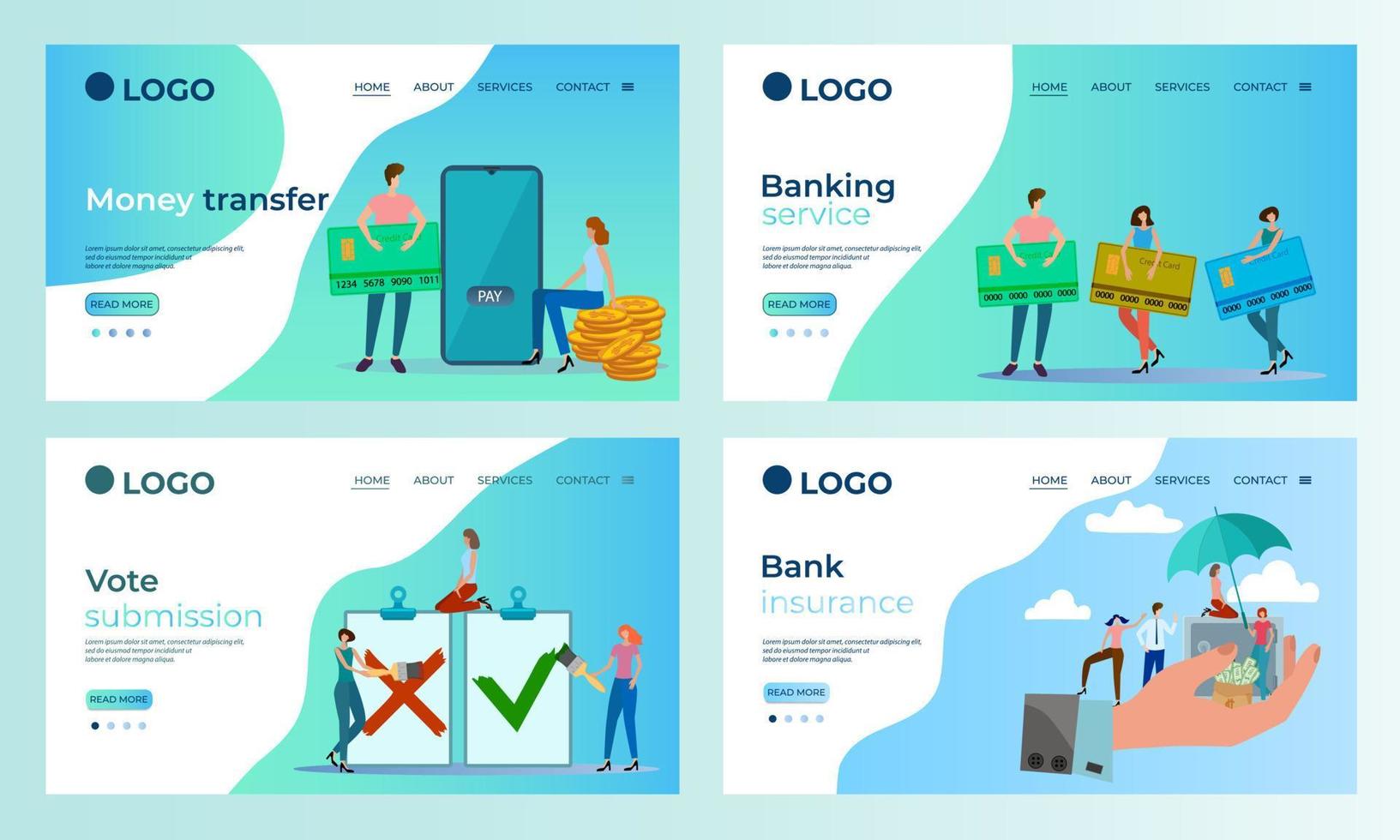 um conjunto de templates.banking de página de destino, seguros bancários, transfers.templates de dinheiro para uso em ilustração vetorial development.flat de aplicativos móveis. vetor