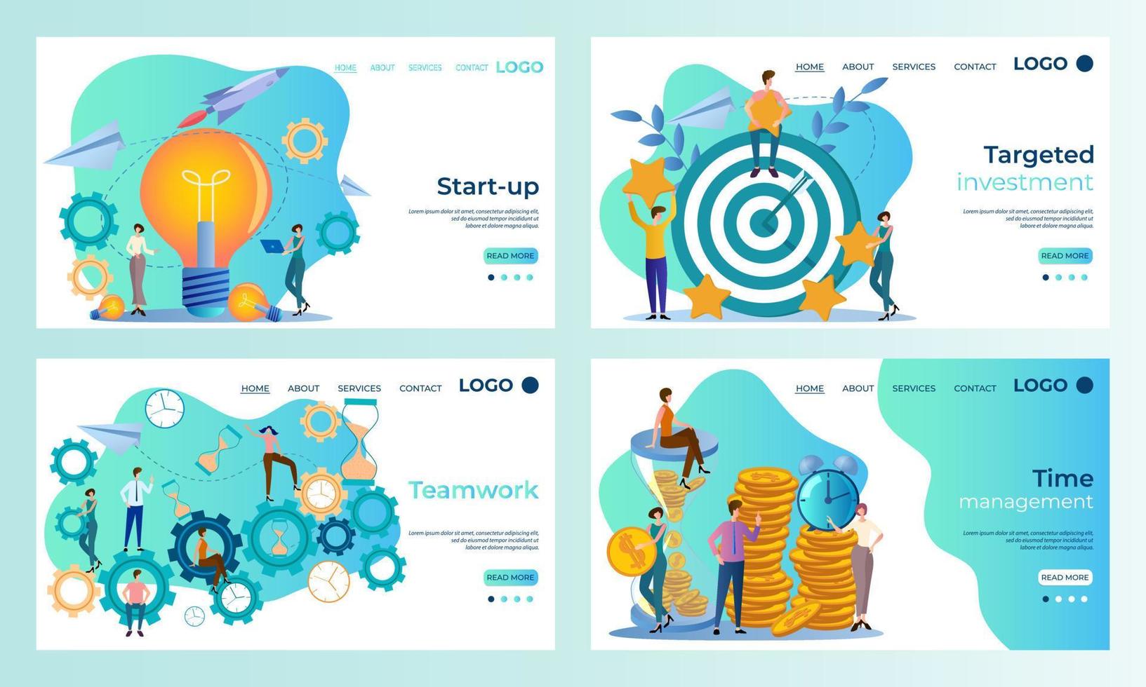 um conjunto de templates.startup de página de destino, investimento direcionado, trabalho em equipe, gerenciamento de tempo.templates para uso em ilustração vetorial development.flat de aplicativos móveis. vetor