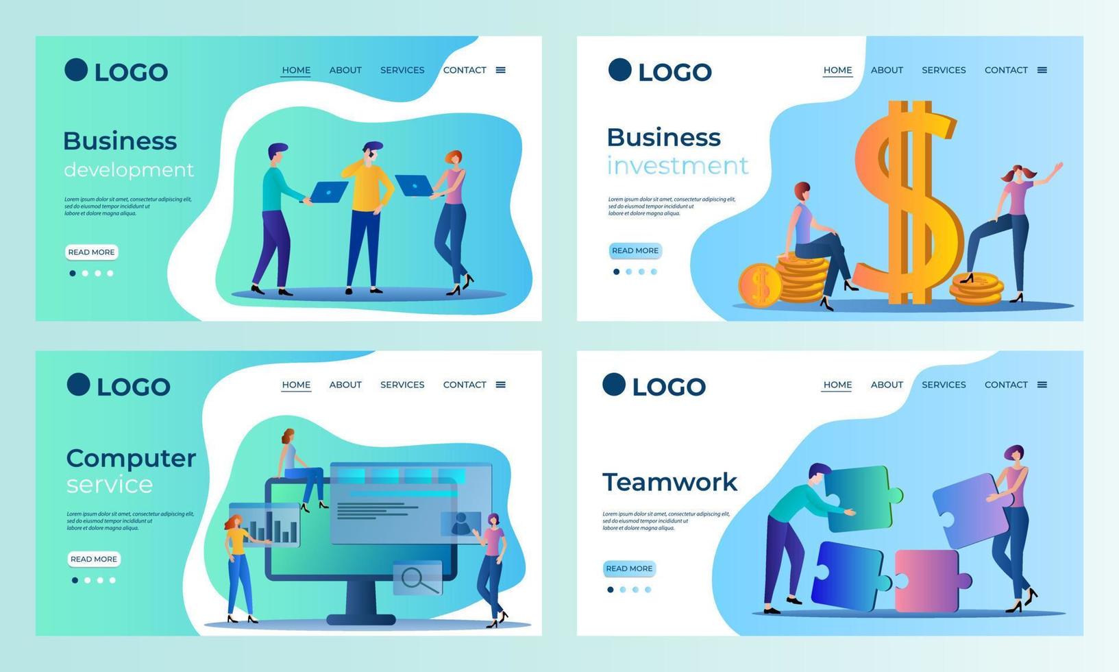 um conjunto de templates.business landing page, investimento empresarial, serviço de computador, teamwork.templates para uso em ilustração vetorial development.flat de aplicativos móveis. vetor