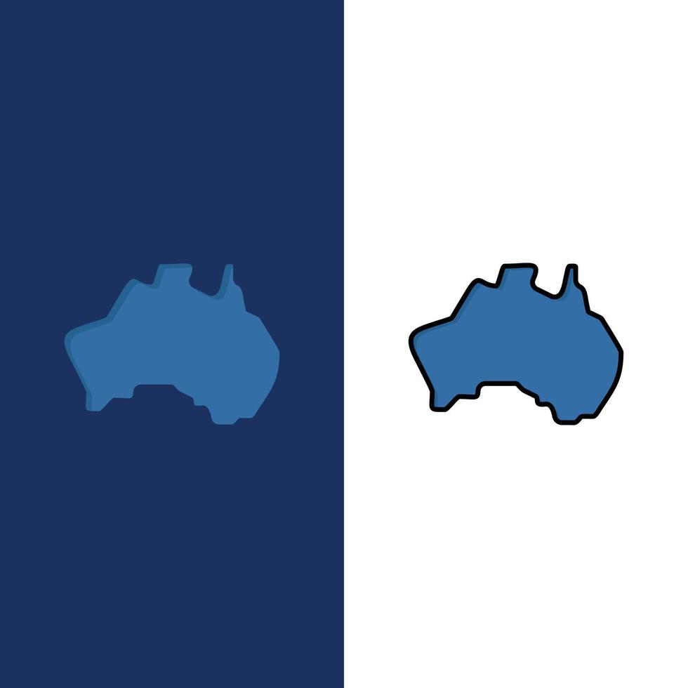 ícones de viagens do mapa de localização do país australiano plano e conjunto de ícones cheios de linha vector fundo azul