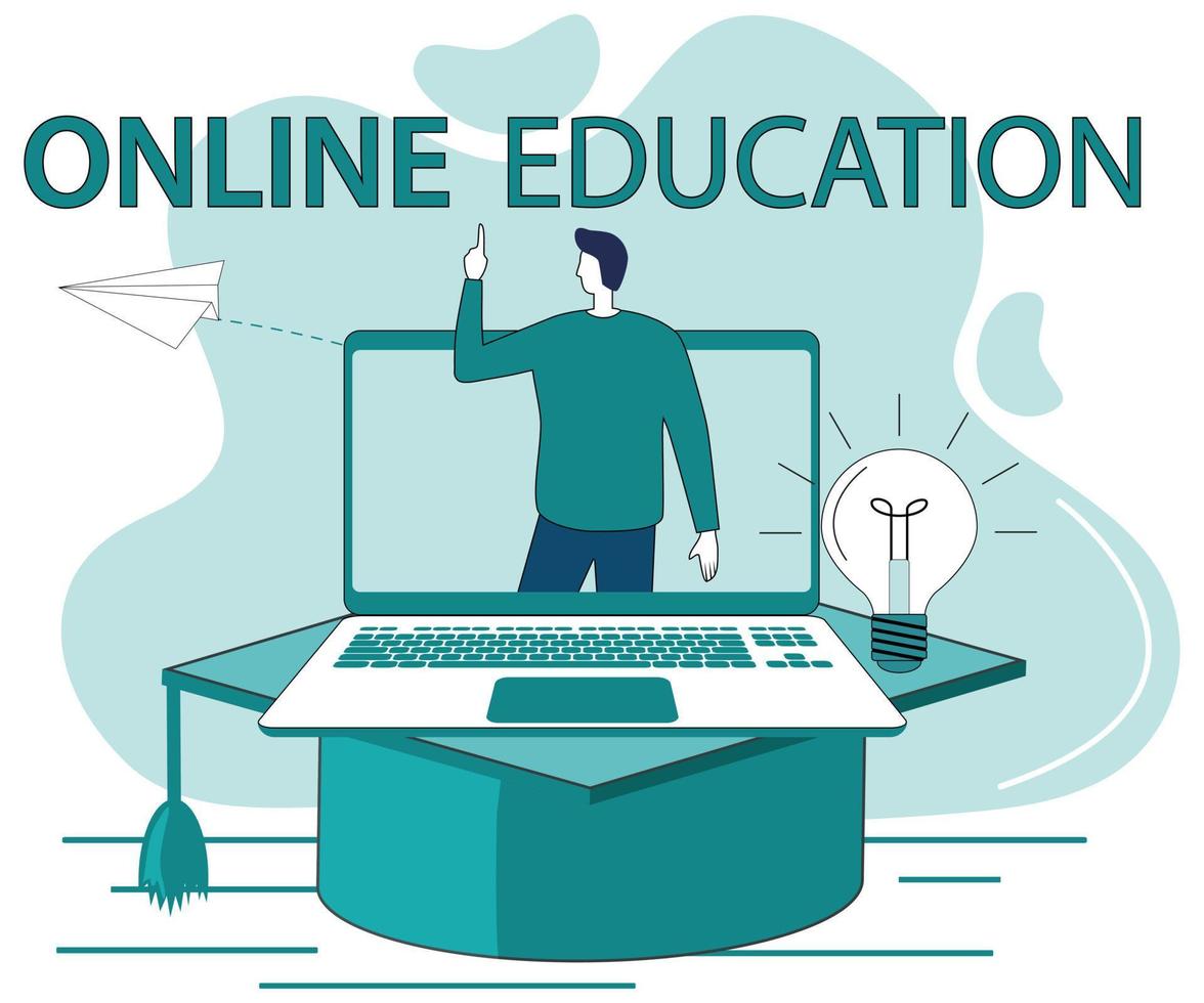 educação on-line. o conceito de obter educação por meio de uma videoconferência. cursos de treinamento avançados on-line. as pessoas usam um laptop e uma conexão on-line para obter uma educação. vetor