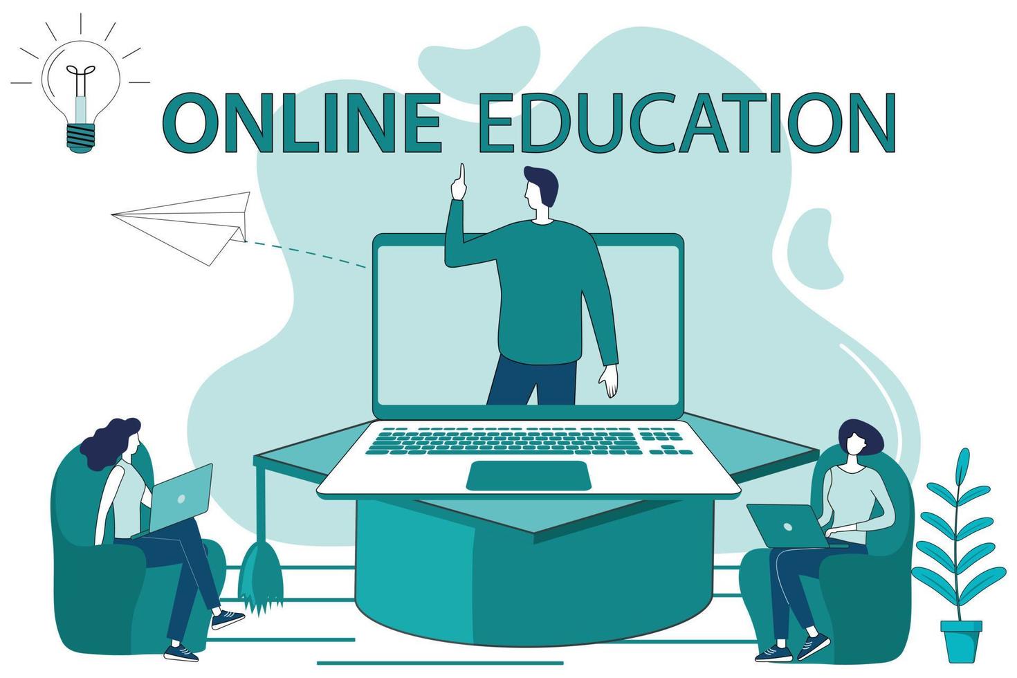 educação on-line. o conceito de obter educação por meio de uma videoconferência. cursos de treinamento avançados on-line. as pessoas usam um laptop e uma conexão on-line para obter uma educação. vetor