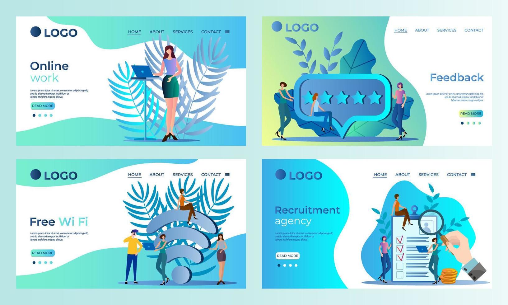 um conjunto de templates.online de página de destino, feedback, wi-fi gratuito, recrutamento.templates para uso em ilustração vetorial development.flat de aplicativos móveis. vetor