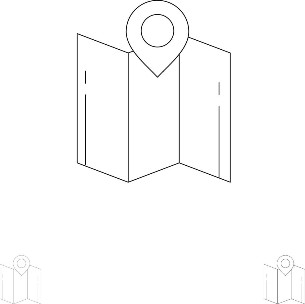 ponteiro de navegação de localização de direção do mapa conjunto de ícones de linha preta em negrito e fino vetor