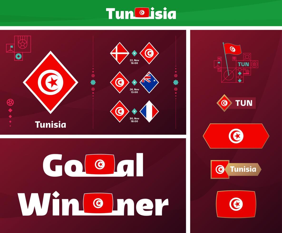 coleção gráfica do kit de mídia de design da equipe nacional da tunísia. Conjunto de vetores de elementos de design de campeonato mundial de futebol ou futebol de 2022. banners, cartazes, kit de mídia social, modelos, placar
