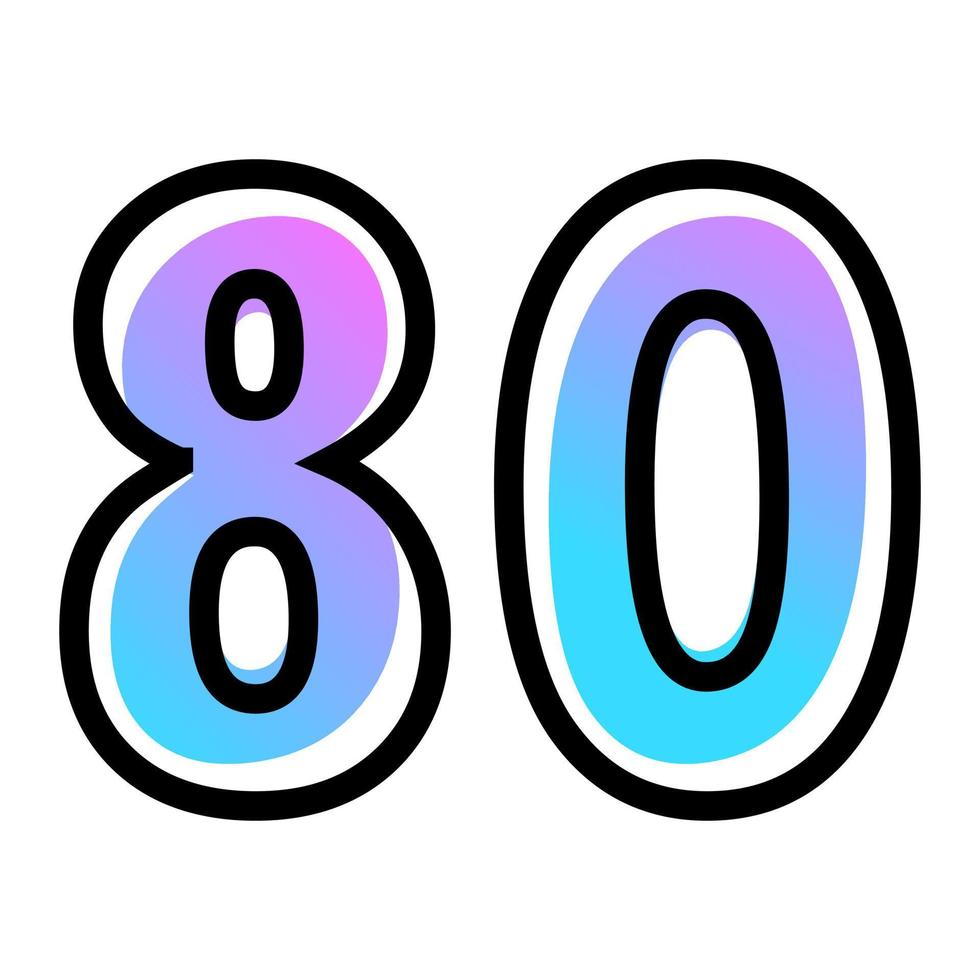 vetor número 80 com cor gradiente azul-púrpura e contorno preto