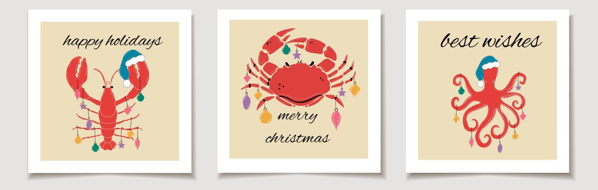 cartão de presente de vetor de natal ou conjunto de etiquetas de lagosta, polvo, caranguejo com decorações de natal letras de feliz natal, muitas felicidades.
