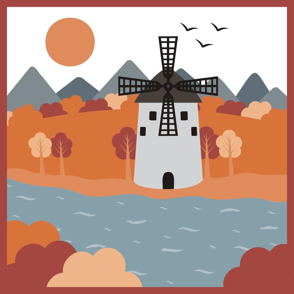 paisagem de outono, moinho no fundo de montanhas e rios, ilustração agrícola vetorial de cor em estilo cartoon vetor