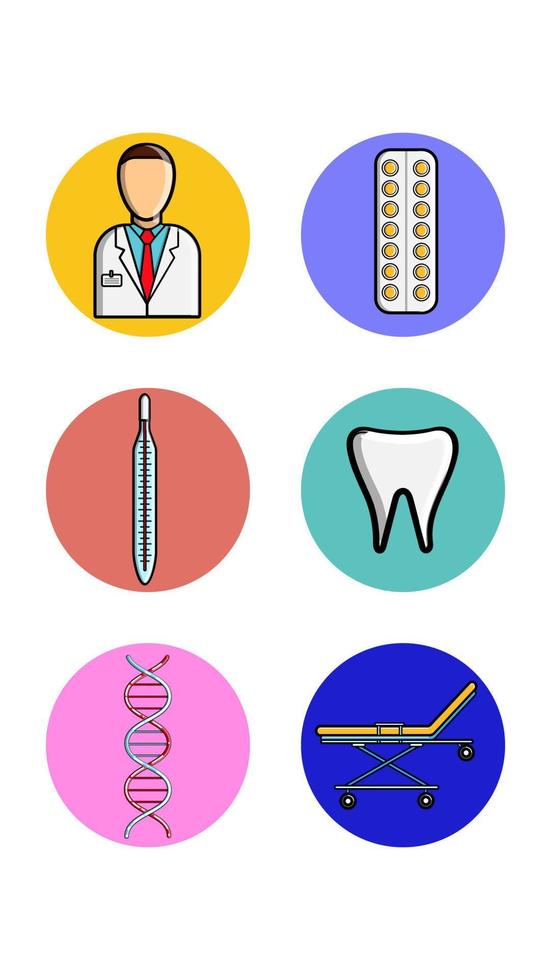 um conjunto de seis ícones redondos para tópicos com assuntos médicos farmacológicos médico comprimidos termômetro dente dna cama cadeira de rodas em um fundo branco. ilustração vetorial vetor