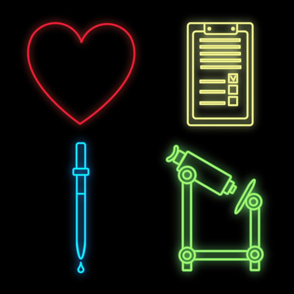 conjunto de sinais de néon médicos multicoloridos brilhantes para uma farmácia ou loja de hospital linda pipeta de microscópio de coração de papel científico brilhante em um fundo preto. ilustração vetorial vetor