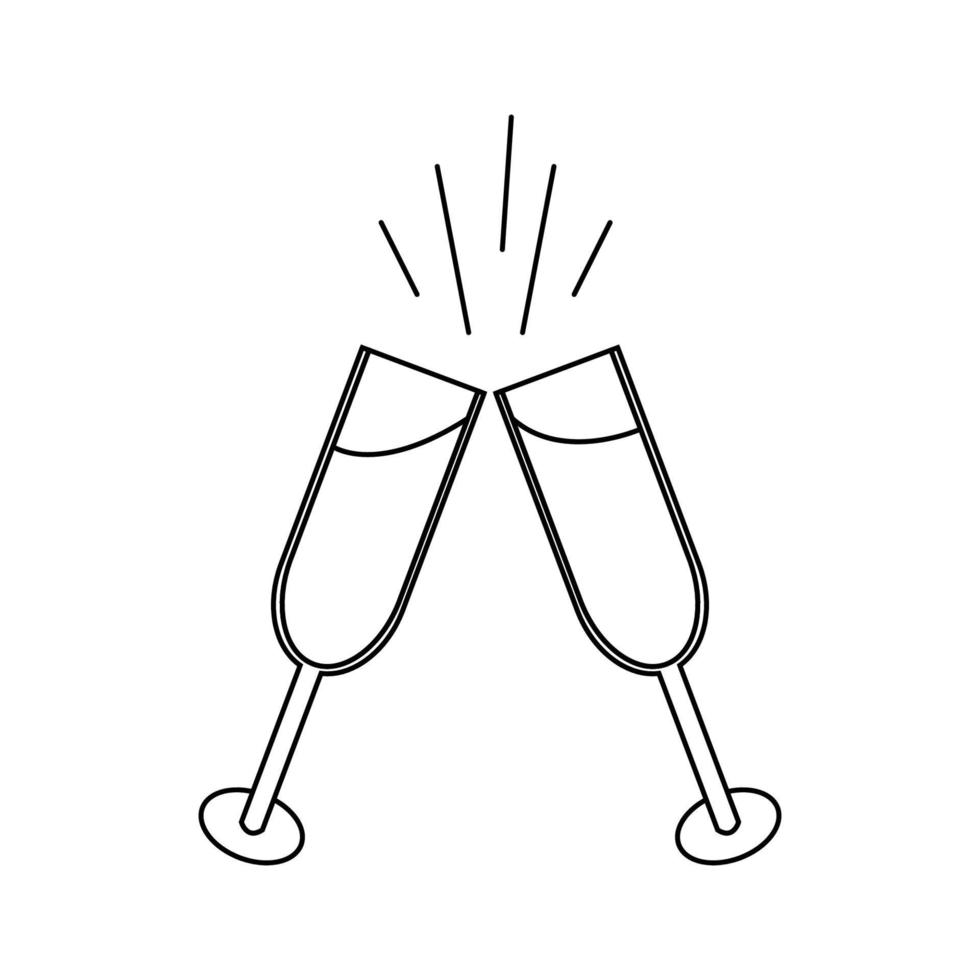 ícone simples linear preto e branco lindo de duas taças de champanhe que tilintam taças durante um brinde para a festa do amor no dia dos namorados ou 8 de março. ilustração vetorial vetor
