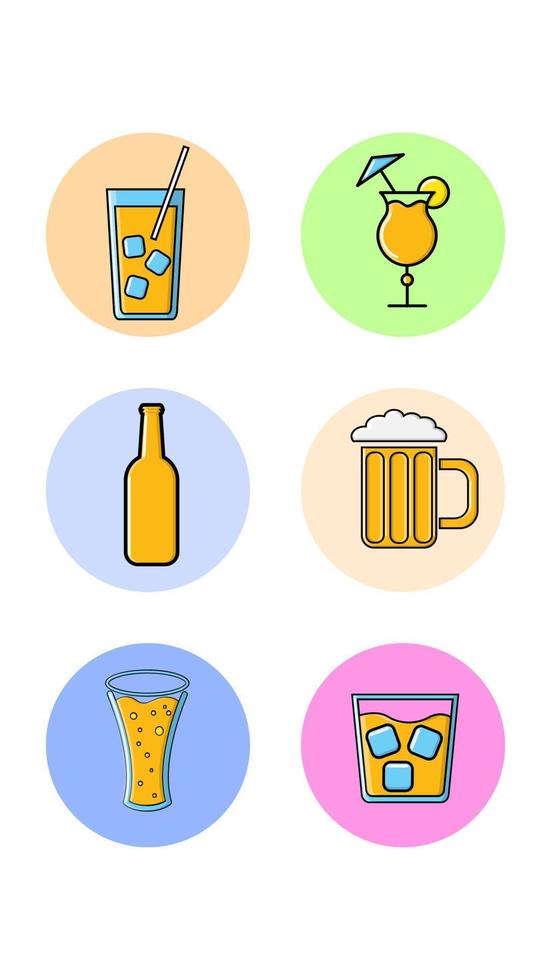 conjunto de seis ícones redondos para a moda com diferentes bebidas alcoólicas saborosas coquetéis de uísque de cerveja em um fundo branco. ilustração vetorial vetor
