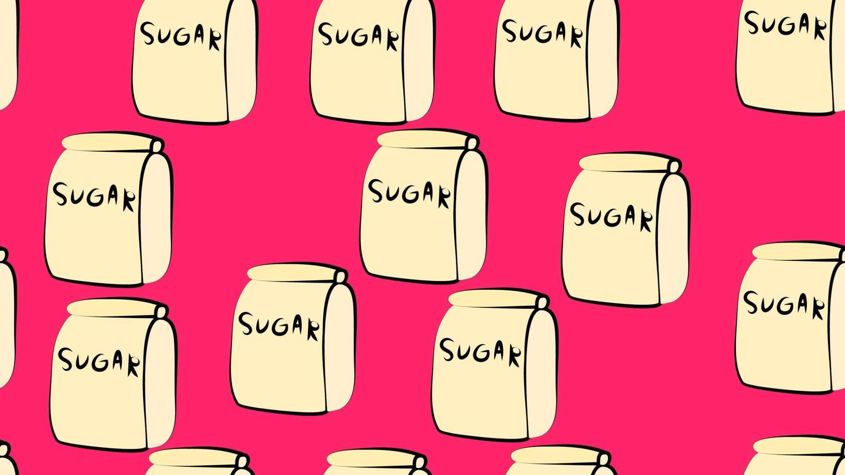 pacote com açúcar em um fundo rosa, ilustração vetorial, padrão. saco de papel cheio de especiarias. açúcar para assar. comida para veganos. papel de parede para café e restaurante vetor