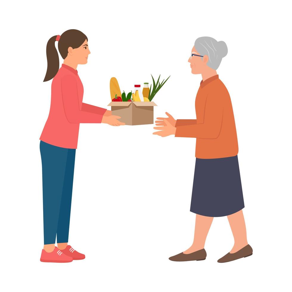 voluntário segura uma caixa de comida. assistência de doação de alimentos concept.humanitarian para pobres people.charity e doação. ilustração em vetor plana dos desenhos animados isolada no fundo branco