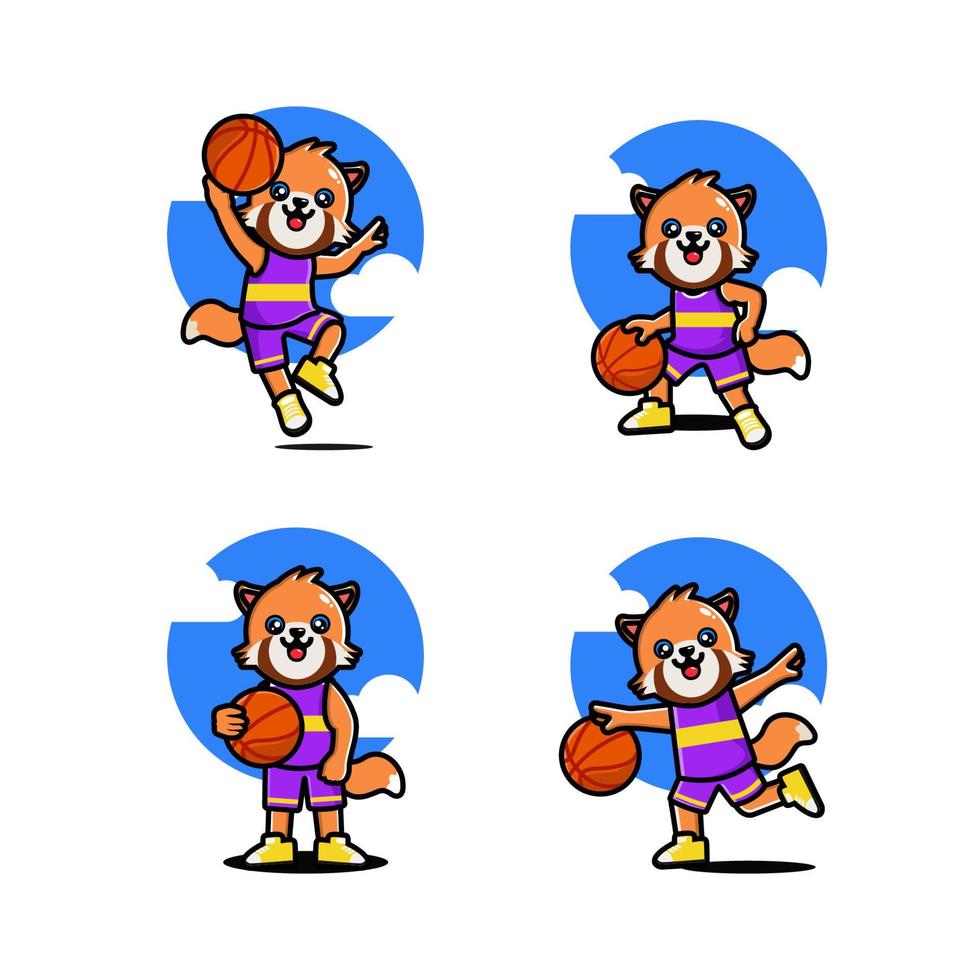 conjunto de panda vermelho fofo feliz jogando basquete vetor