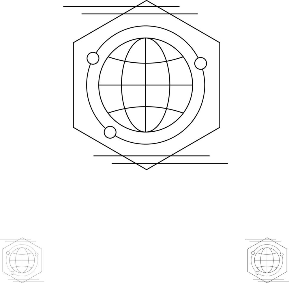 ideia de espaço de polígono globo conjunto de ícones de linha preta em negrito e fino vetor