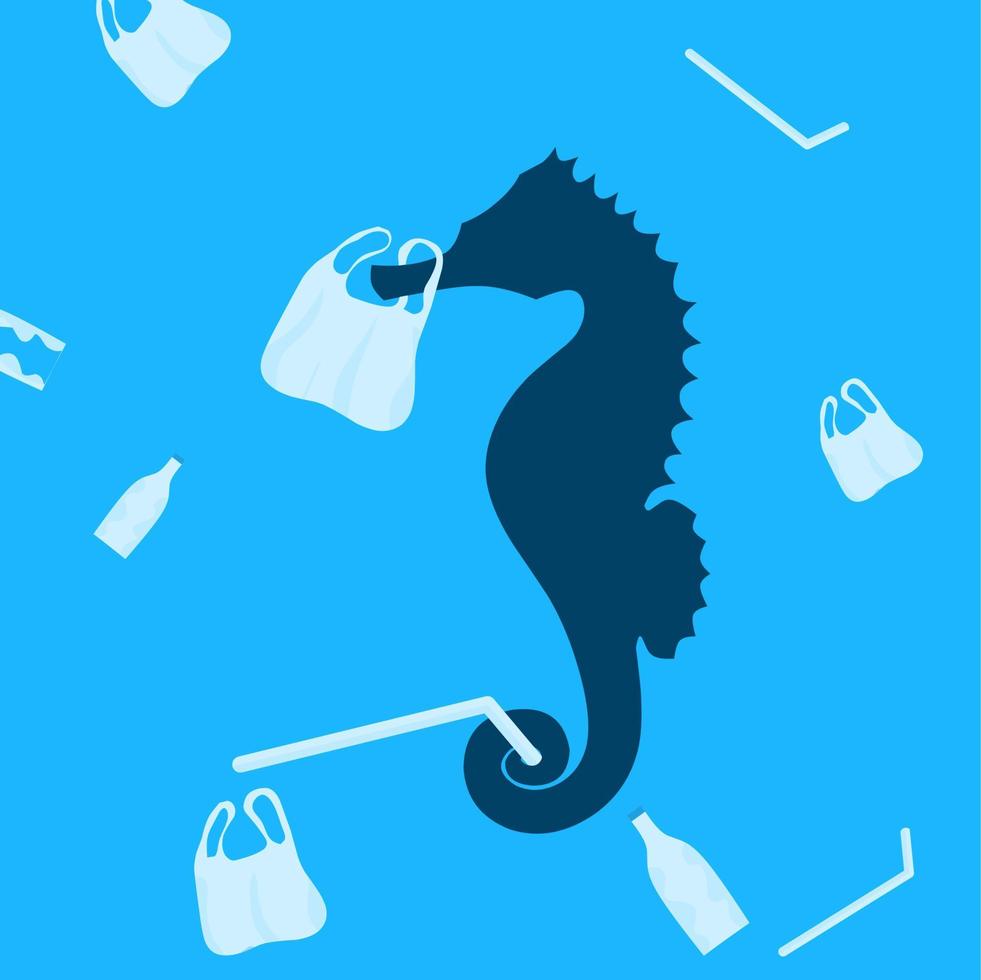 poluição de resíduos plásticos no mar. silhueta de um cavalo-marinho nadando preso em um saco plástico. resíduos plásticos, canudos e garrafas. ilustração de fundo de mar poluído. vetor