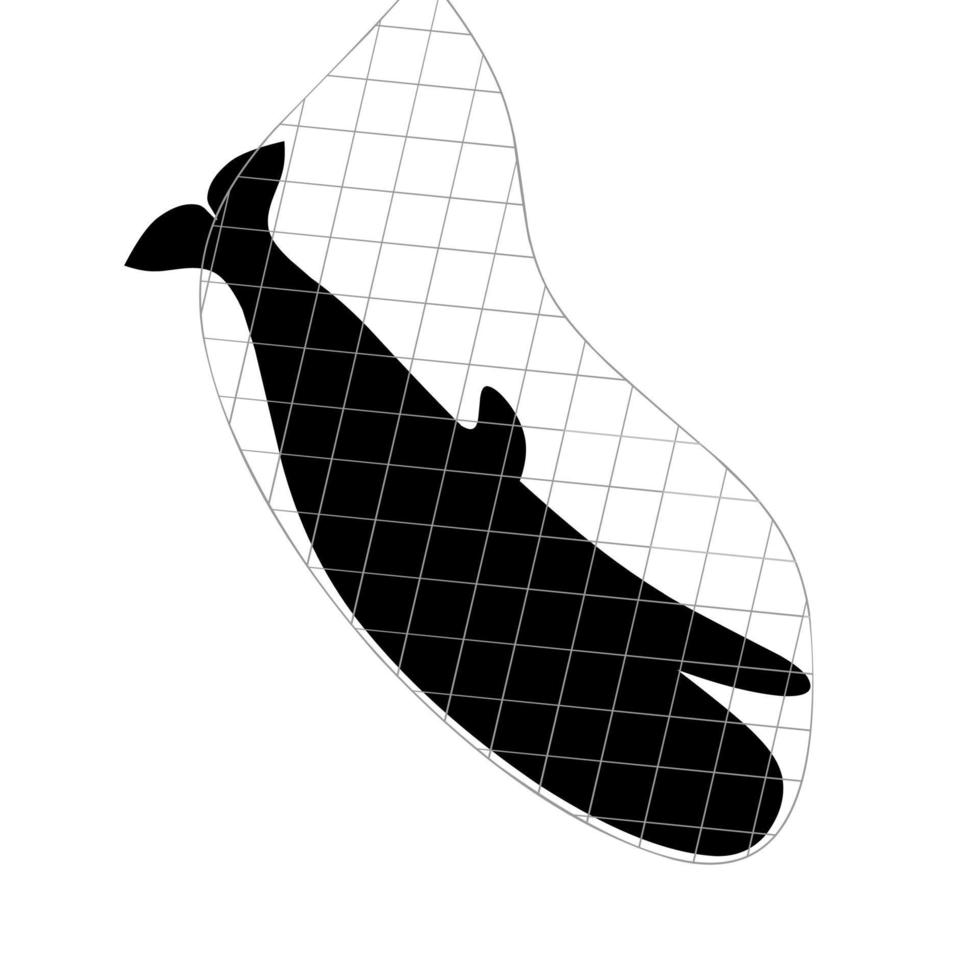 silhueta de uma baleia presa em uma rede. baleia presa em um fundo branco. ótimo para cartazes não cace animais protegidos, animais que estão prestes a se extinguir. ilustração vetorial vetor