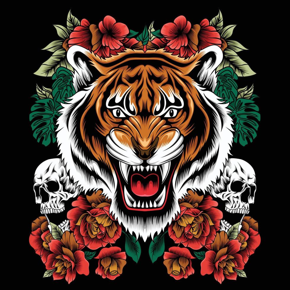 padrão floral colorido com rosas, tigre e caveira. vector ornamento de moda folclórica tradicional em fundo preto.