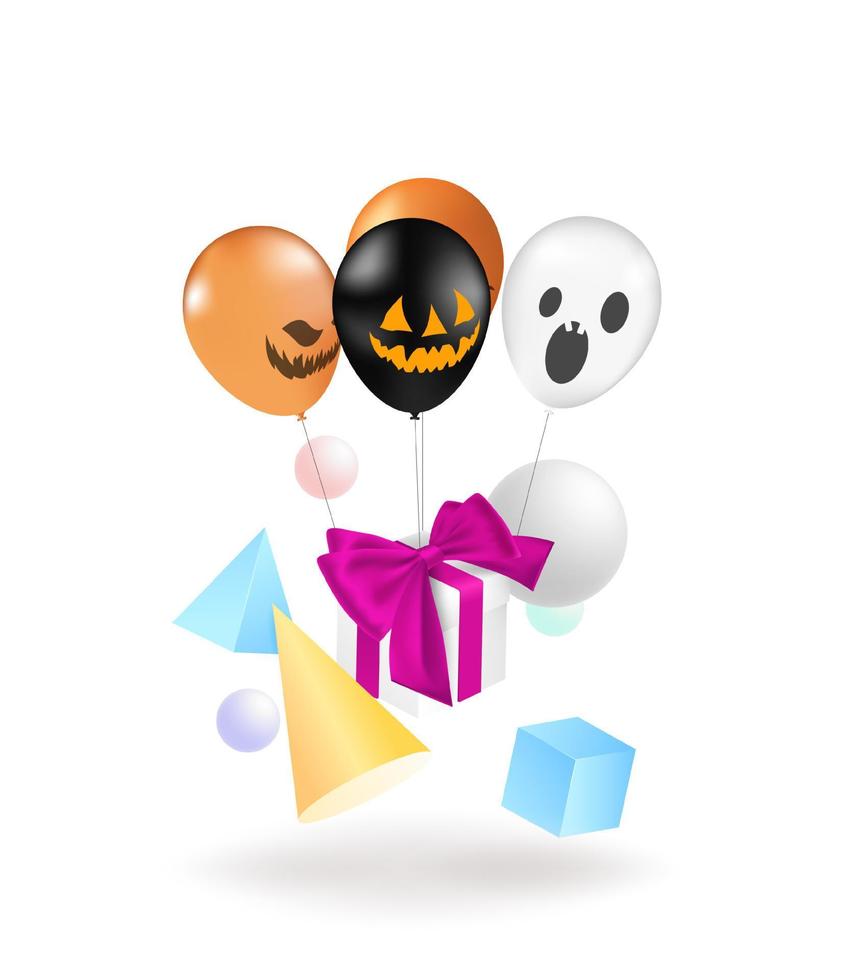 cartão de dia das bruxas com balões de hélio e presentes. ilustração vetorial de balão de halloween e caixa de presente vetor