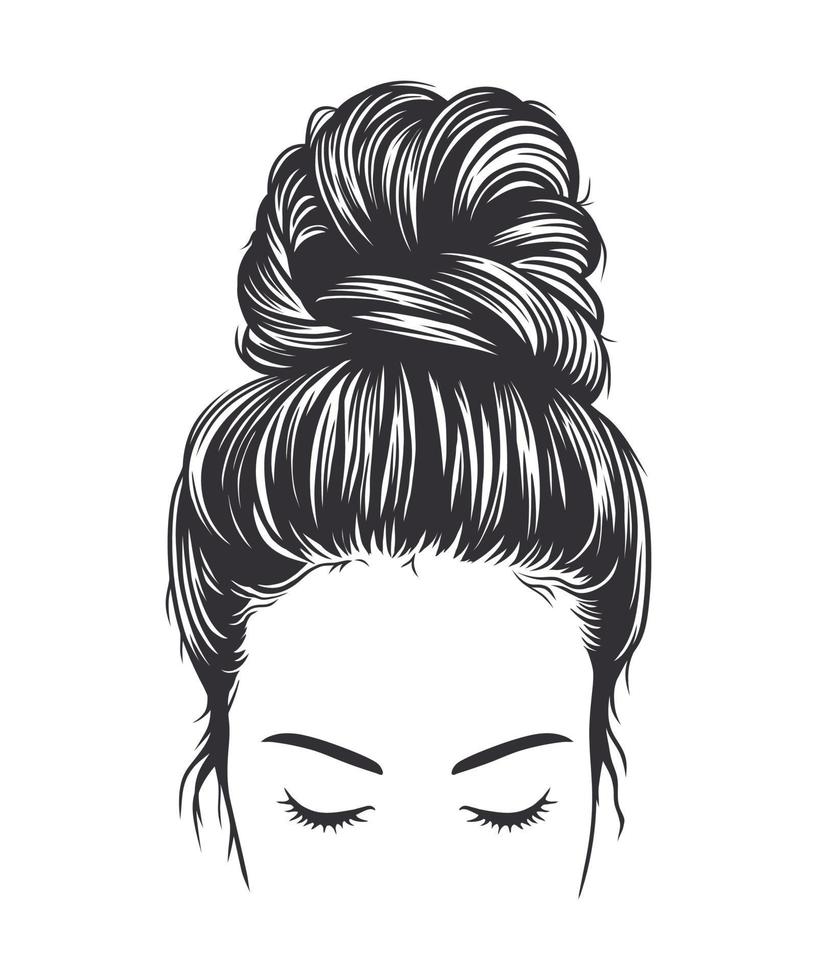 ilustração em vetor preto e branco de penteado de coque bagunçado de mulher, isolado no fundo branco