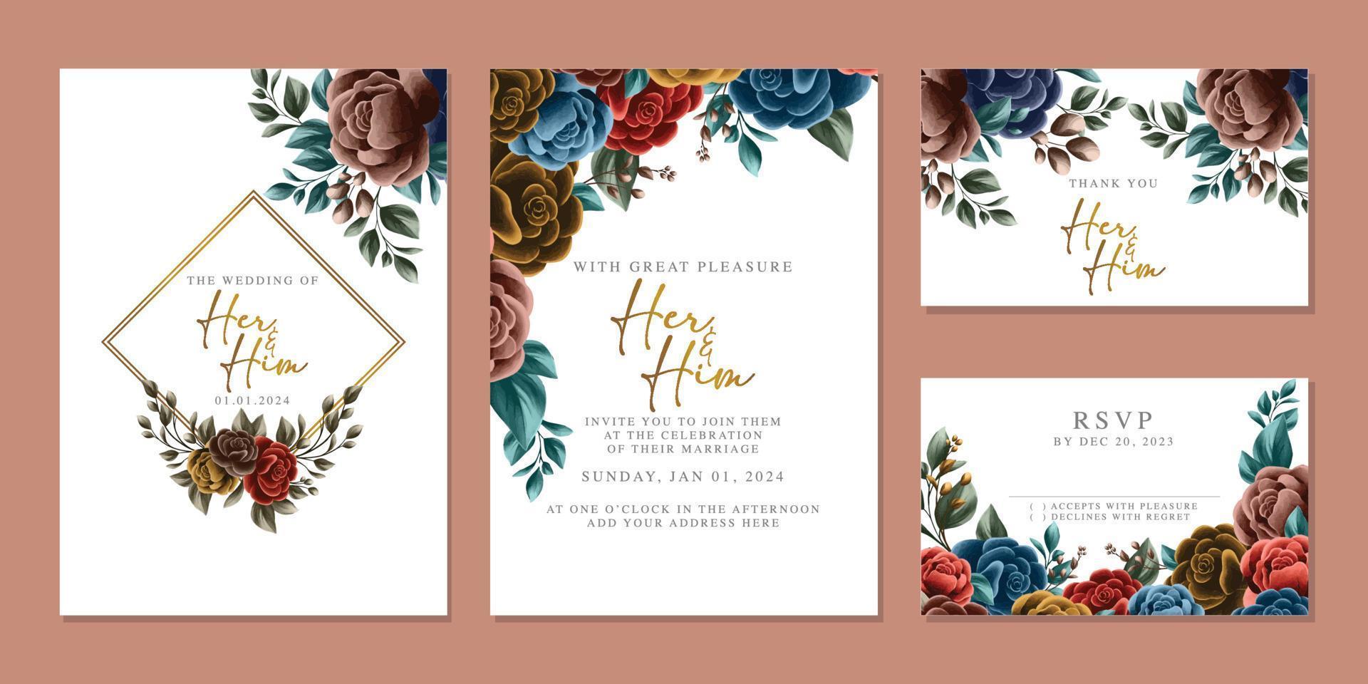 modelo de fundo de cartão de convite de casamento de flores lindas de luxo vetor