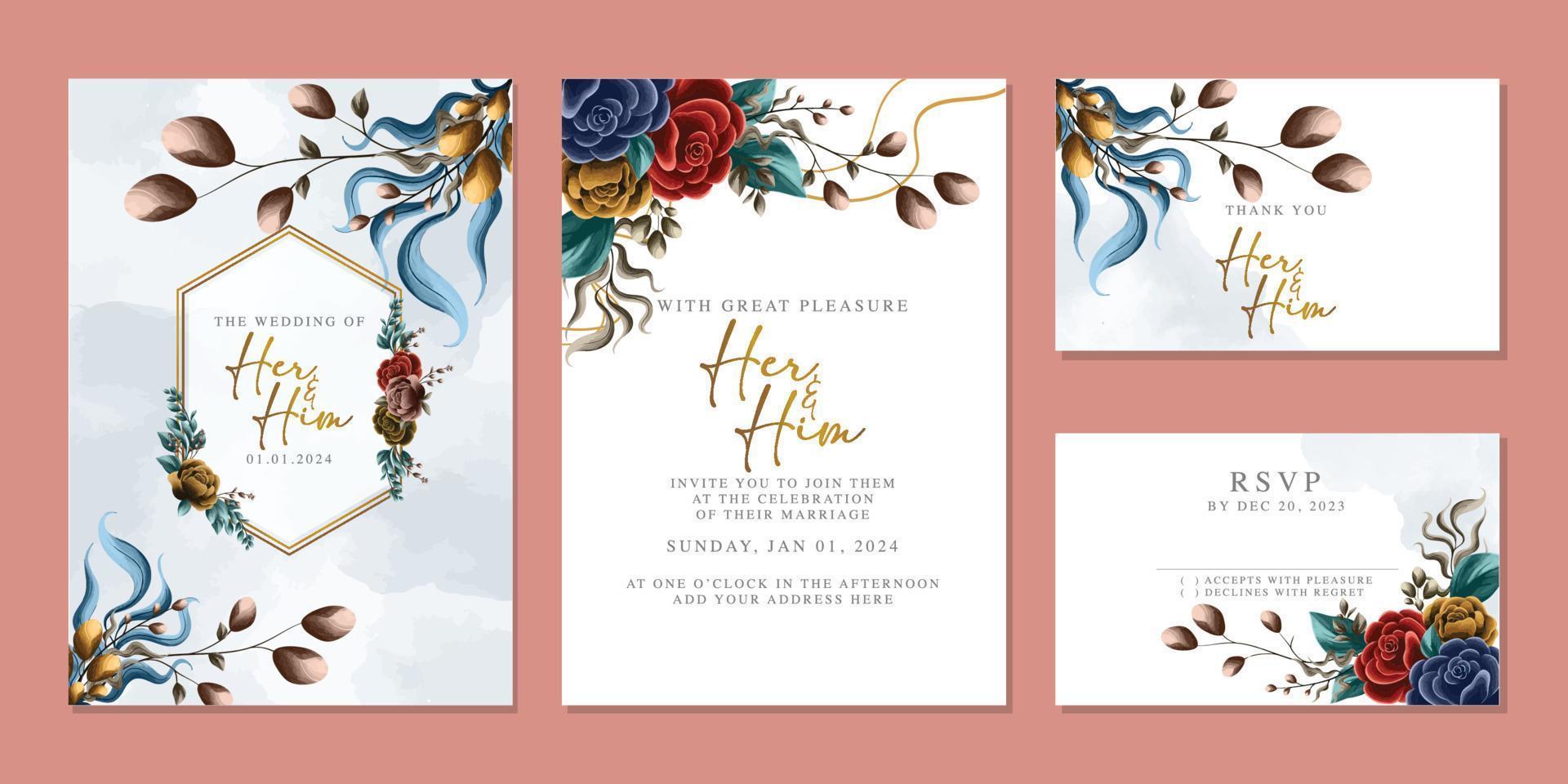 modelo de fundo de cartão de convite de casamento de flores lindas de luxo vetor