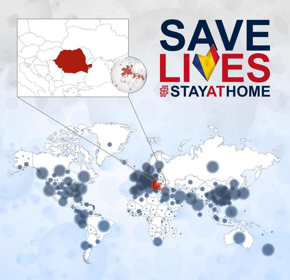 mapa-múndi com casos de coronavírus foco na romênia, doença covid-19 na romênia. slogan salvar vidas com bandeira da romênia. vetor