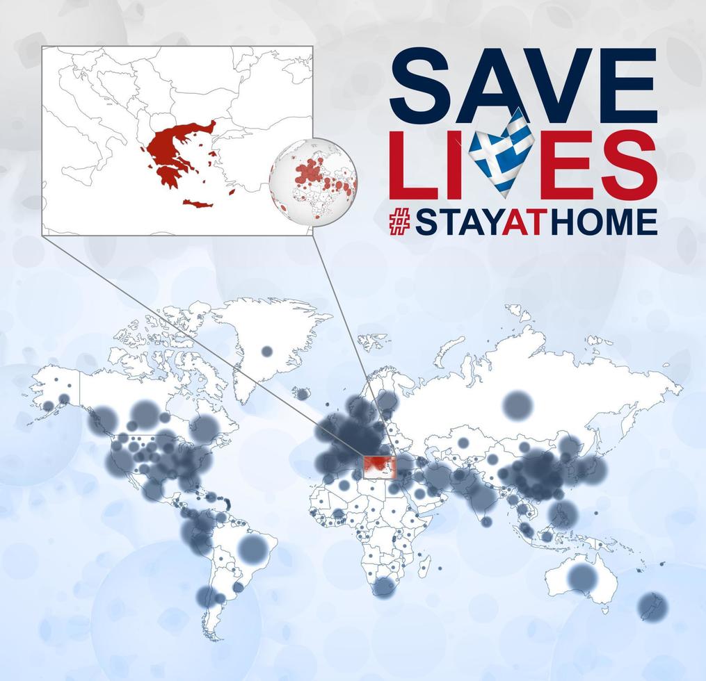 mapa-múndi com casos de coronavírus foco na grécia, doença covid-19 na grécia. slogan salvar vidas com bandeira da grécia. vetor