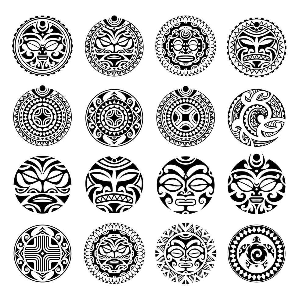 conjunto de ornamento de tatuagem maori redondo com rosto de símbolos de sol e suástica. estilo africano, maia, asteca, étnico e tribal. vetor