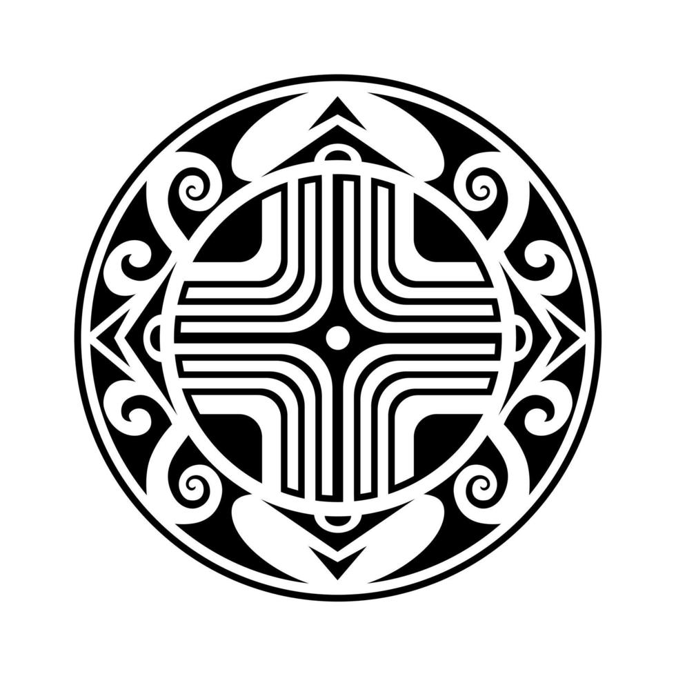 ornamento geométrico de tatuagem redonda com estilo suástica maori. Preto e branco vetor