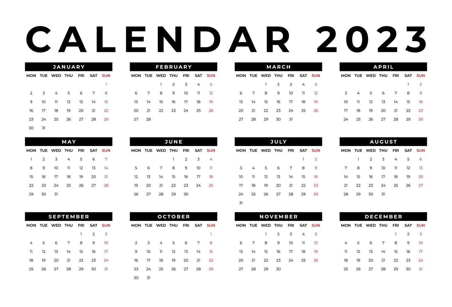 modelo de calendário de mesa mensal para o ano de 2023. semana começa na segunda vetor