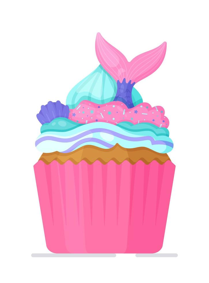 um delicioso muffin de cores vivas com uma cauda avermelhada. ilustração em vetor de um delicioso cupcake com creme brilhante. pastel aerado.