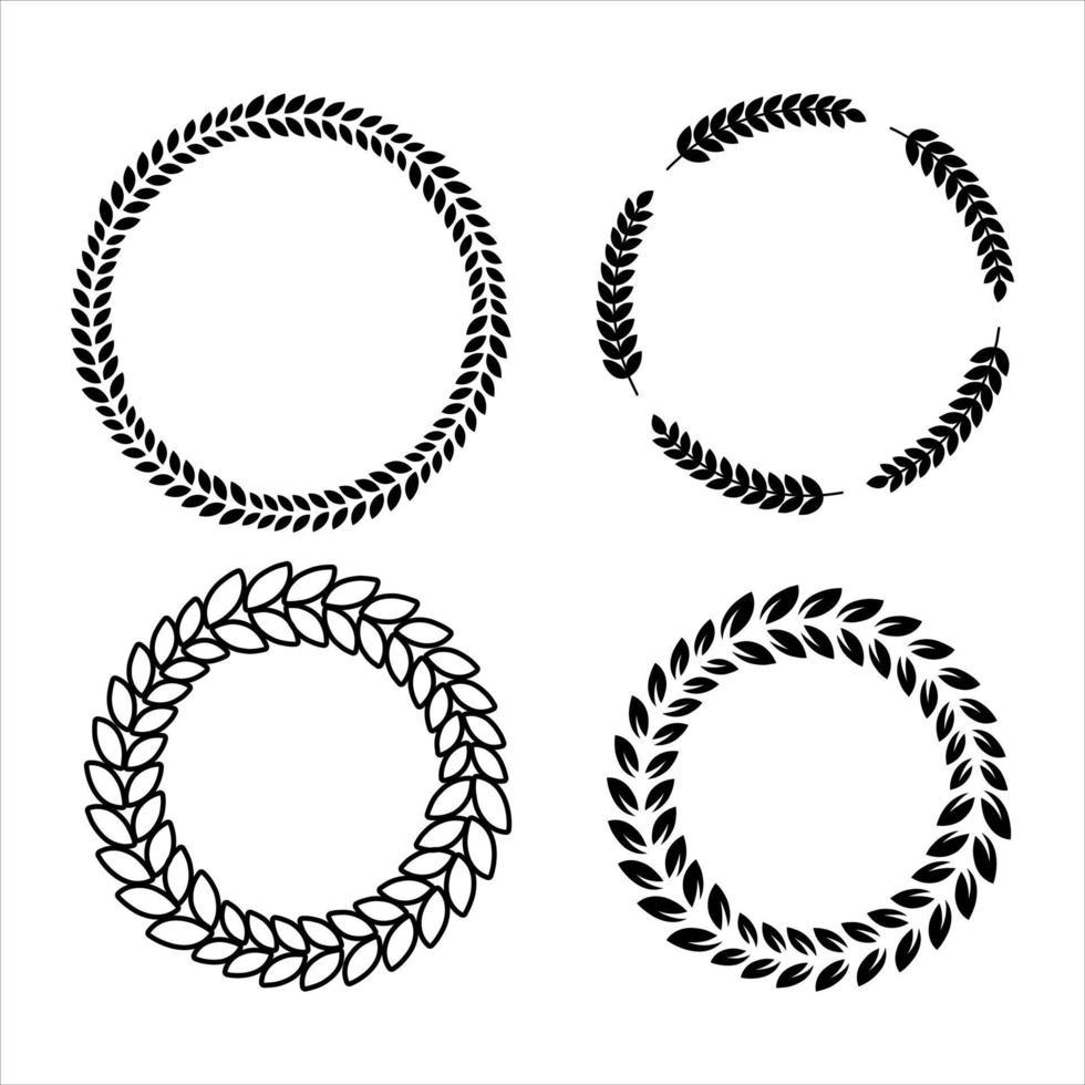 conjunto de coroas de louros e carvalho circular silhueta preto e branco representando um prêmio, conquista, heráldica, nobreza. ilustração vetorial. vetor