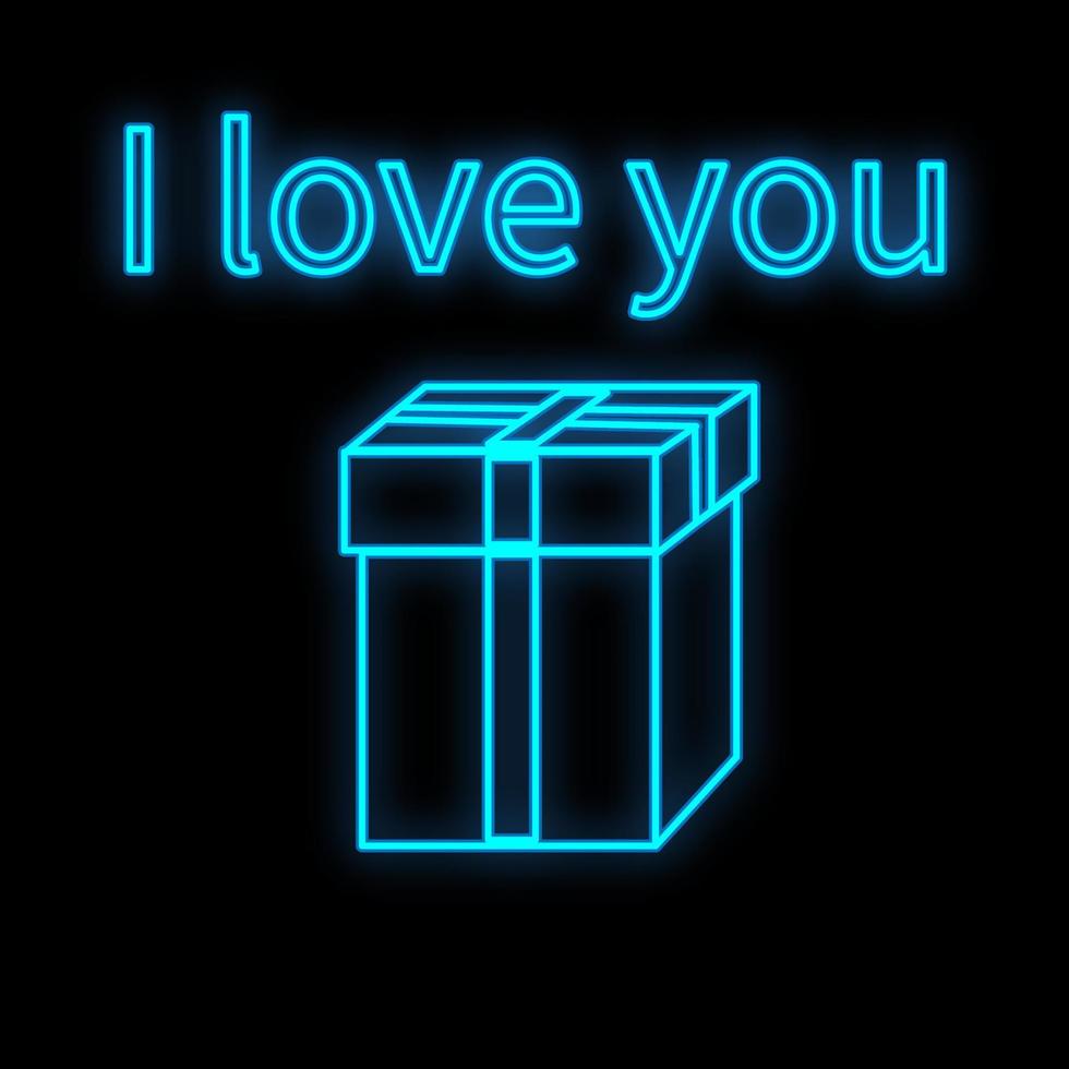 sinal de néon digital festivo azul luminoso brilhante para uma loja ou cartão lindo brilhante com uma caixa de presente de amor em um fundo preto e a inscrição eu te amo. ilustração vetorial vetor