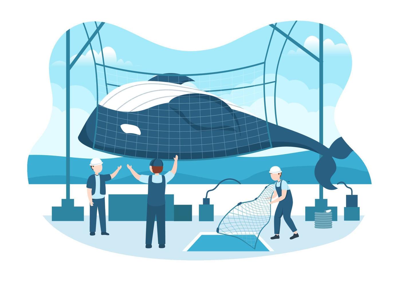 caça de baleias com baleias capturadas por pescador no meio do mar profundo para venda em ilustração de modelos de desenhos animados planos desenhados à mão vetor