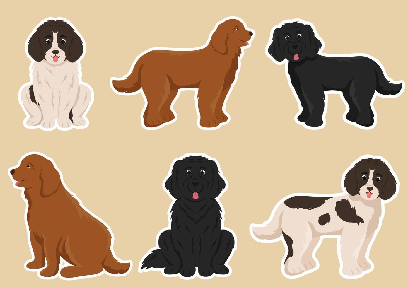 animais de cão de terra nova com cor preta, marrom ou landseer em estilo simples modelo de desenho animado bonito ilustração desenhada à mão vetor
