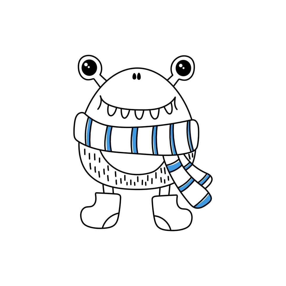 monstro doodle bonito em um lenço azul e botas de inverno. vetor