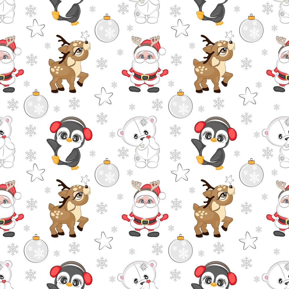 padrão perfeito com pinguim de urso de natal branco papai noel e renas, ilustração vetorial vetor