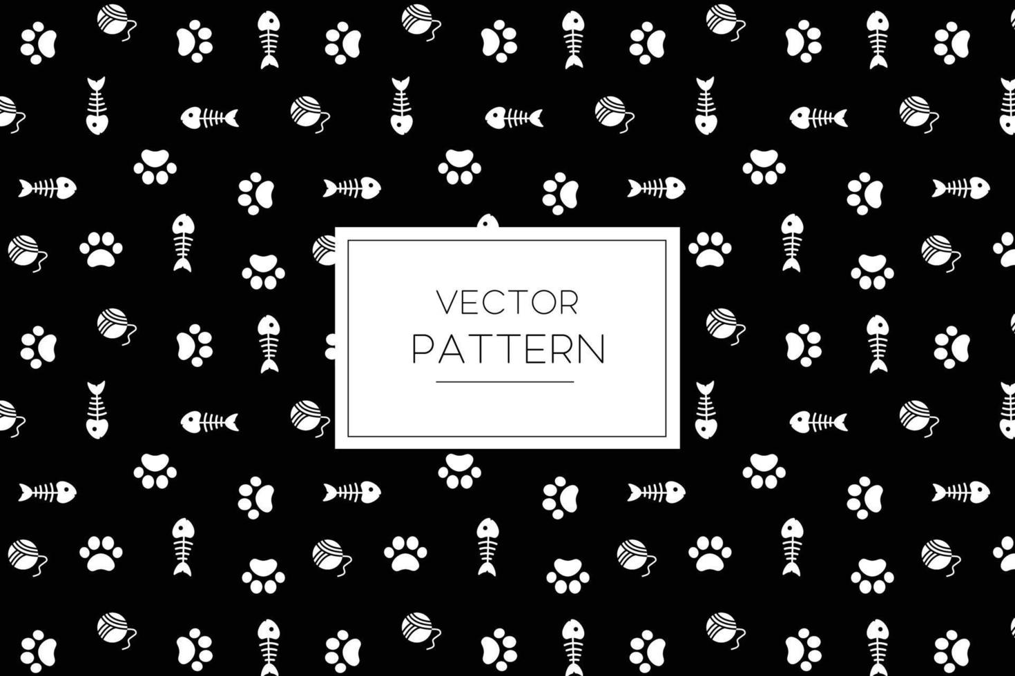 símbolo de ícone de pegada branca de pata de gato, espinha de peixe e bola de fio vector design bonito padrão em um fundo preto